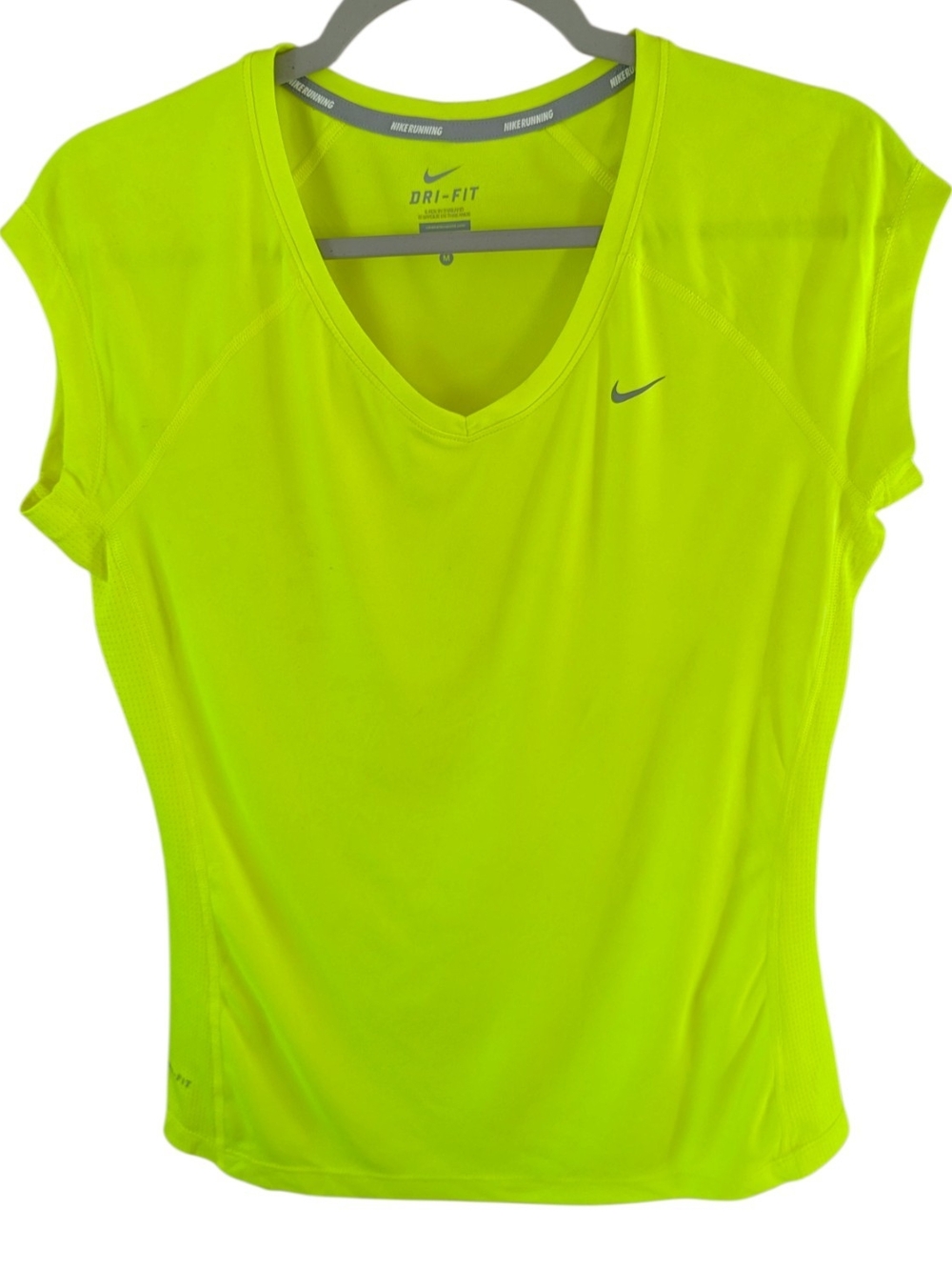 Nike Dri-FIT Neon Volt Yellow V-Neck Running Training Short Sleeve Top Size M